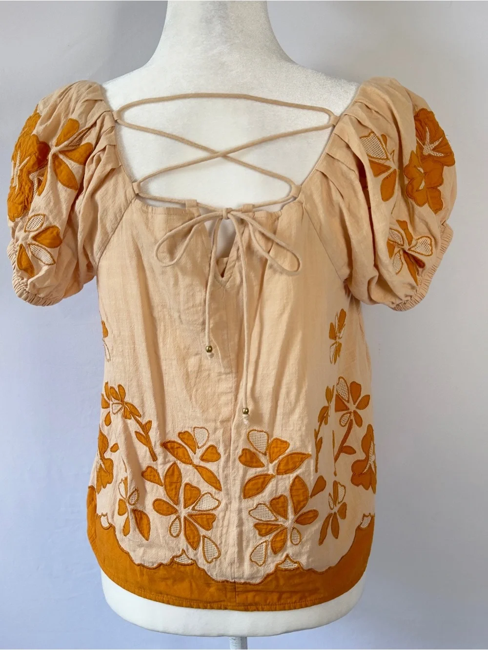 Madewell Orange Floral Embroidered Puff Sleeve Top Small Lace Up Back Rust Trim